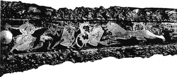 Inlaid dagger blade with lion hunt