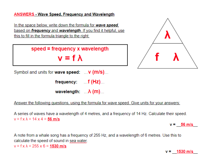 Speed frequency and wavelength worksheet